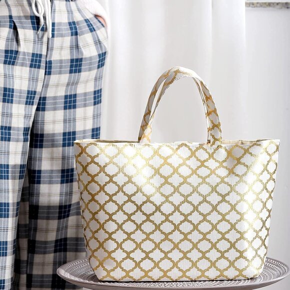 Spa Luxetique Tote in Cream and Gold Moroccan Pattern - Picture 1 of 13